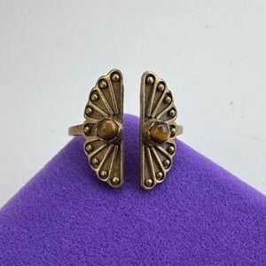 💛 Vintage Brass Fan Ring Tiger's Eye Stone | Art Deco Style | Boho Statement